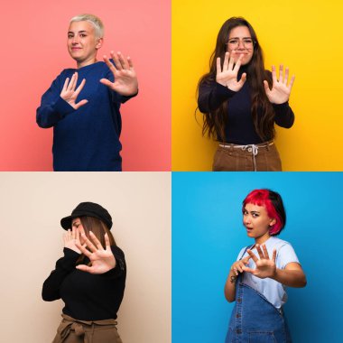 Bir grup kadın gergin, ellerini öne uzatıyor.