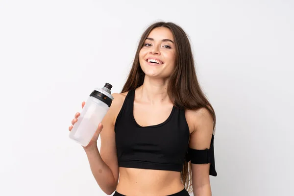 Mujer Deportiva Joven Sobre Fondo Blanco Aislado Con Botella Agua —  Fotos de Stock