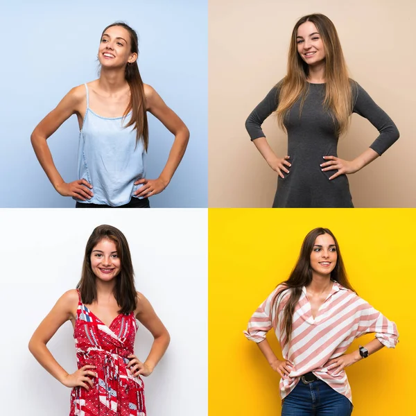 Conjunto Mujeres Posando Con Los Brazos Cadera Sonriendo —  Fotos de Stock