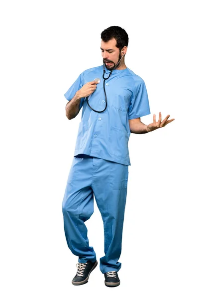Ganzkörperaufnahme Des Chirurgen Arzt Mann Über Isoliertem Weißen Hintergrund — Stockfoto
