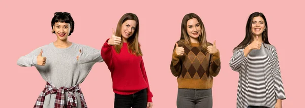 Set Women Isolated Pink Background Thumbs Because Something Good Has — Stock Photo, Image