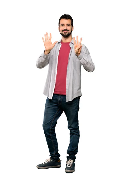 Full Length Shot Handsome Man Beard Counting Eight Fingers Isolated — Stock Photo, Image