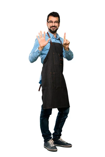 Full Length Shot Man Apron Counting Six Fingers Isolated White — Stock Photo, Image