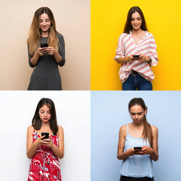 Zestaw Kobiet Wysyłających Wiadomość Telefonem — Zdjęcie stockowe