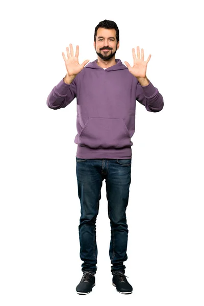 Full Length Shot Handsome Man Sweatshirt Counting Ten Fingers Isolated — Stock Photo, Image