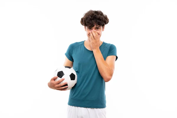 Jovem Jogador Futebol Homem Sobre Isolado Parede Branca Com Expressão — Fotografia de Stock