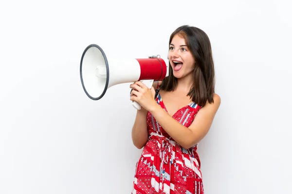 Caucasian Girl Red Dress Isolated White Wall Shouting Megaphone — Stock Photo, Image