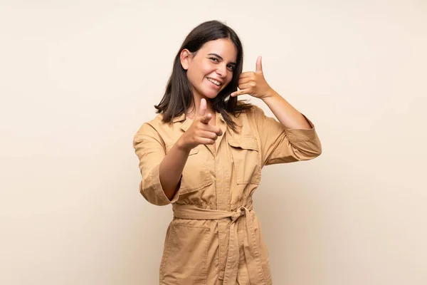 Young Girl Isolated Background Making Phone Gesture Pointing Front — Stock Photo, Image