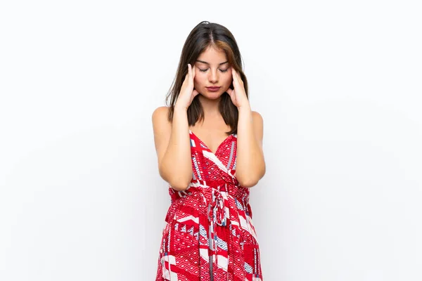 Caucasian Girl Red Dress Isolated White Wall Headache — Stock Photo, Image