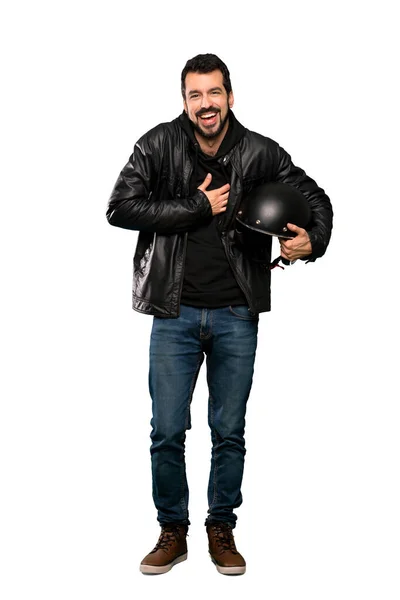 Full Length Shot Biker Man Smiling Lot Isolated White Background — Stock Photo, Image