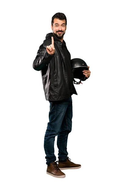 Tiro Completo Motociclista Homem Mostrando Levantando Dedo Sobre Fundo Branco — Fotografia de Stock