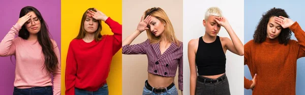Uppsättning Kvinnor Över Färgglada Bakgrunder Med Trötta Och Sjuka Uttryck — Stockfoto