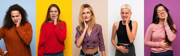 Conjunto Mulheres Sobre Fundos Coloridos Com Dor Dente — Fotografia de Stock