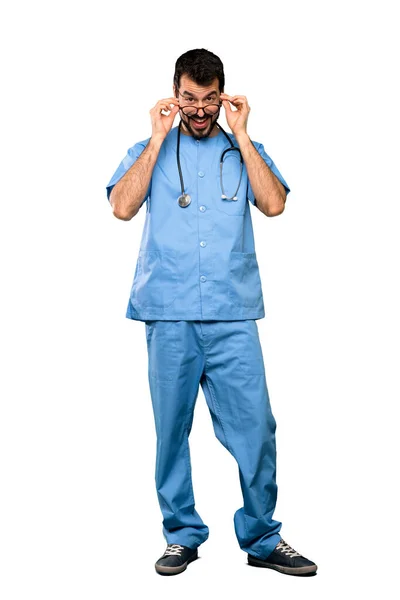 Tirador Cuerpo Entero Cirujano Médico Hombre Con Gafas Sorprendido Sobre —  Fotos de Stock