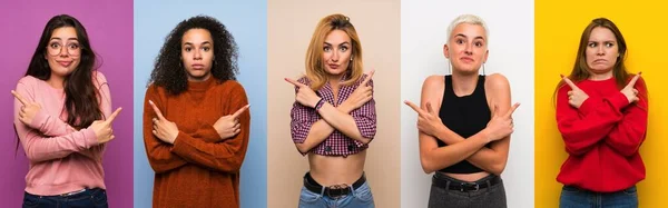 Conjunto Mulheres Sobre Fundos Coloridos Apontando Para Laterais Com Dúvidas — Fotografia de Stock