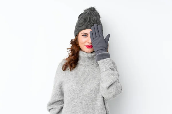 Young Russian Woman Winter Hat Isolated White Background Covering Eye — ストック写真