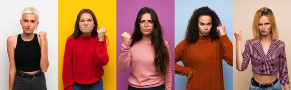 Set Donne Sfondi Colorati Con Gesto Arrabbiato — Foto Stock