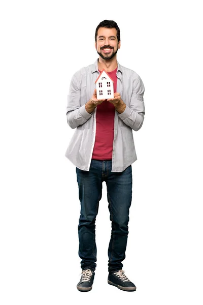 Full Length Shot Handsome Man Beard Holding Little House Isolated — Stock Photo, Image