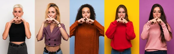 Frauen Mit Buntem Hintergrund Die Ein Zeichen Des Schweigens Setzen — Stockfoto