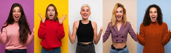 Ensemble Femmes Sur Fond Coloré Avec Expression Faciale Choquée — Photo