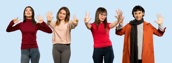 Set Women Isolated Blue Background Counting Eight Fingers — ストック写真