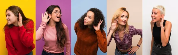 Conjunto Mujeres Sobre Fondos Coloridos Escuchando Algo Poniendo Mano Oreja —  Fotos de Stock