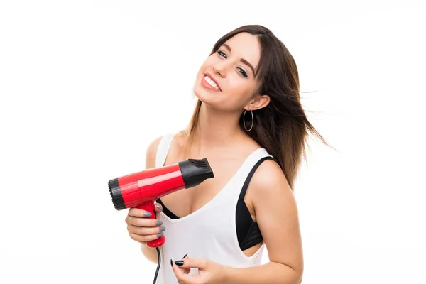 Jeune Femme Sur Fond Blanc Isolé Avec Sèche Cheveux — Photo