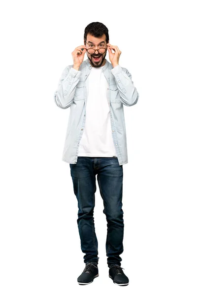 Full Length Shot Handsome Man Beard Glasses Surprised Isolated White — Stock Photo, Image