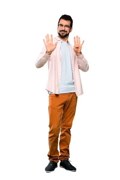 Полнометражный Снимок Красавчика Бородой Насчитавший Девять Пальцев Изолированном Белом Фоне — стоковое фото