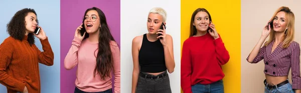 Renkli Geçmişleri Olan Bir Grup Kadın Cep Telefonuyla Sohbet Ediyor — Stok fotoğraf