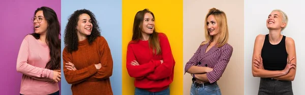 Set Van Vrouwen Kleurrijke Achtergronden Gelukkig Glimlachend — Stockfoto