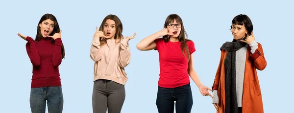 Set Women Isolated Blue Background Making Phone Gesture Doubting — Stock Photo, Image