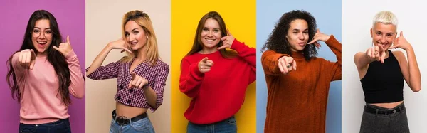 Conjunto Mujeres Sobre Fondos Coloridos Haciendo Gesto Teléfono Apuntando Hacia —  Fotos de Stock