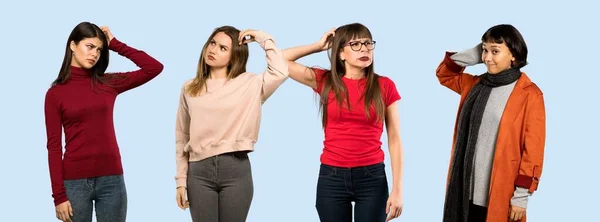 Set Women Isolated Blue Background Having Doubts While Scratching Head — Stock Photo, Image