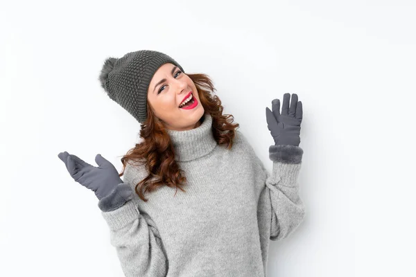 Young Russian Woman Winter Hat Isolated White Background Surprise Facial — Stock Photo, Image