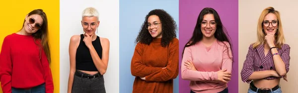 Set Van Vrouwen Kleurrijke Achtergronden Met Bril Glimlach — Stockfoto