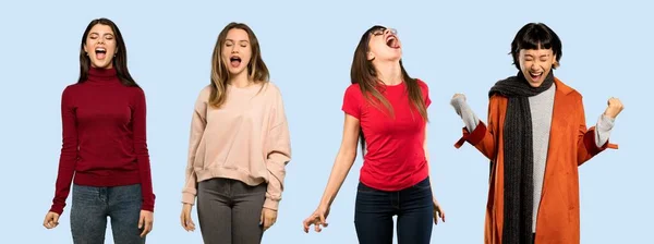 Set Women Isolated Blue Background Shouting Front Mouth Wide Open — Stock Photo, Image