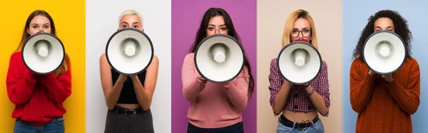 Renkli Arka Planda Bir Grup Kadın Megafondan Bağırıyor — Stok fotoğraf