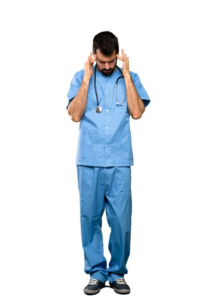 Full Length Shot Surgeon Doctor Man Headache Isolated White Background — Stock Photo, Image