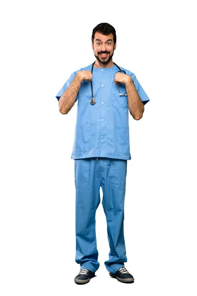 Ganzkörperaufnahme Des Chirurgen Arzt Mann Mit Überraschendem Gesichtsausdruck Über Isoliertem — Stockfoto