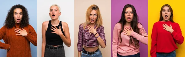 Conjunto Mujeres Sobre Fondos Coloridos Sorprendidos Sorprendidos Mientras Mira Derecha —  Fotos de Stock