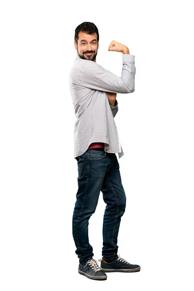 Full Length Shot Handsome Man Beard Doing Strong Gesture Isolated — Stock Photo, Image