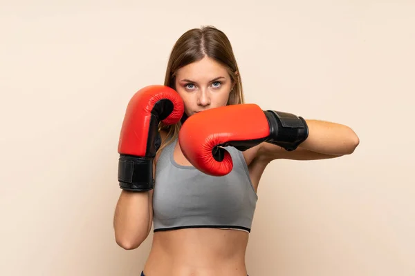 Young Blonde Girl Boxing Gloves Isolated Background — ストック写真