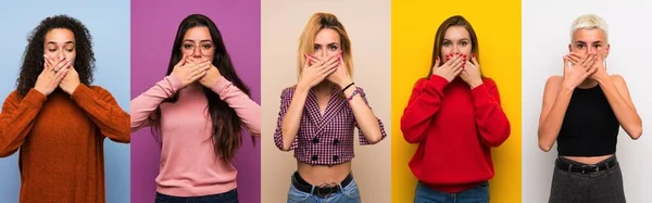 Conjunto Mujeres Sobre Fondos Coloridos Que Cubren Boca Con Las —  Fotos de Stock