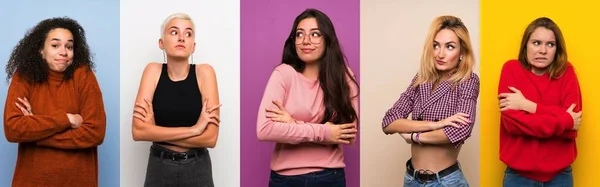 Uppsättning Kvinnor Över Färgglada Bakgrunder Gör Tvivel Gest Samtidigt Lyfta — Stockfoto