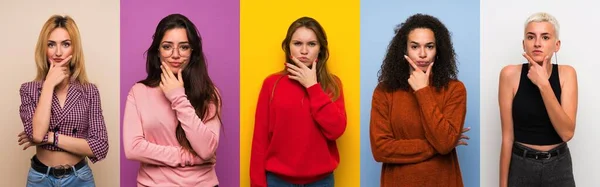 Conjunto Mujeres Sobre Fondos Coloridos Pensando —  Fotos de Stock