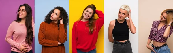 Frauen Mit Buntem Hintergrund Denken Sich Eine Idee Aus — Stockfoto