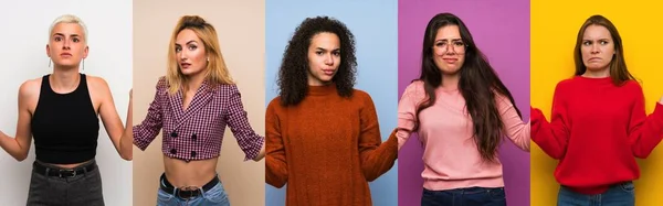 Uppsättning Kvinnor Över Färgglada Bakgrunder Olycklig För Att Inte Förstå — Stockfoto