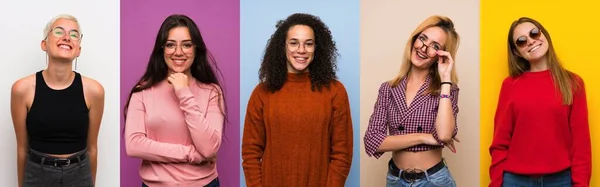 Set Van Vrouwen Kleurrijke Achtergronden Met Bril Gelukkig — Stockfoto