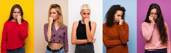 Conjunto Mujeres Sobre Fondos Coloridos Que Tienen Dudas —  Fotos de Stock